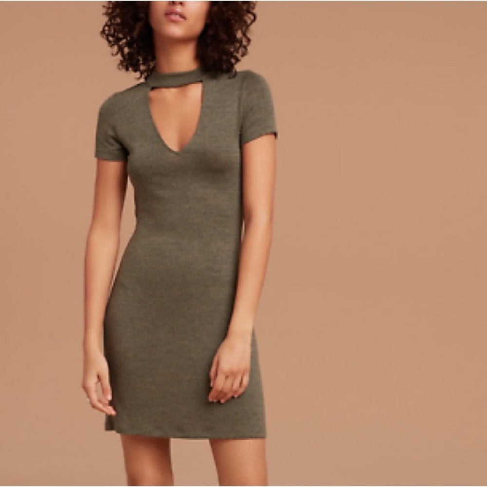 Aritzia WILFRED FREE DONDOE Olive Green Choker Neck Bodycon Mini Dress Size XS